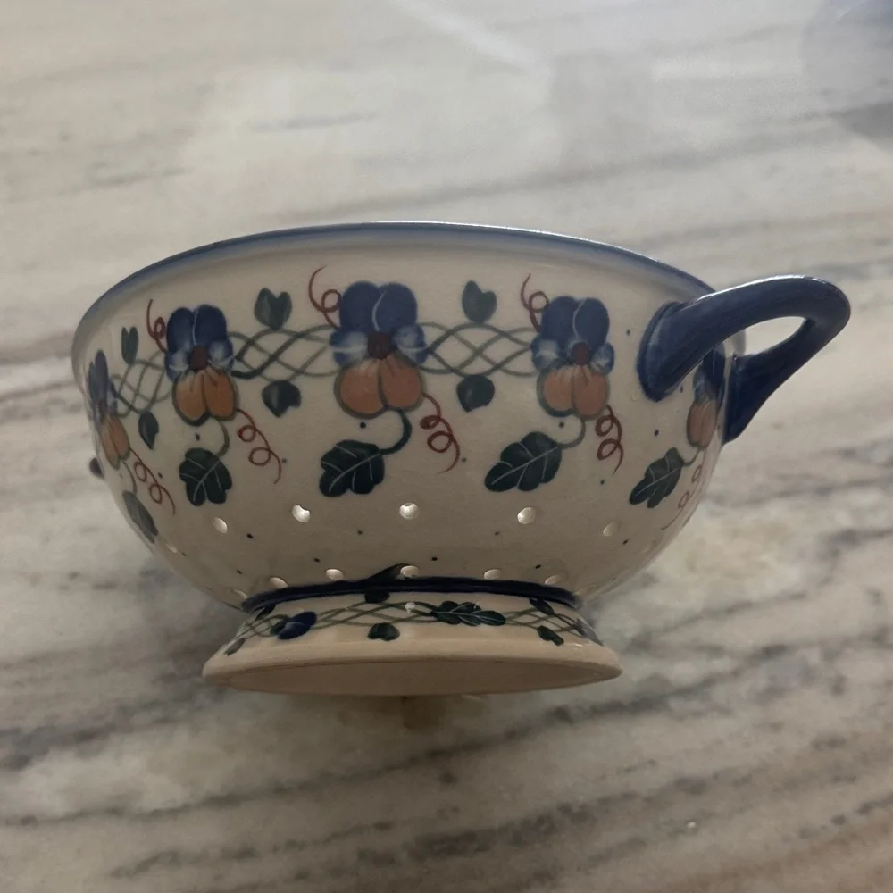 Blue Floral Ceramic Colander with Double Handles